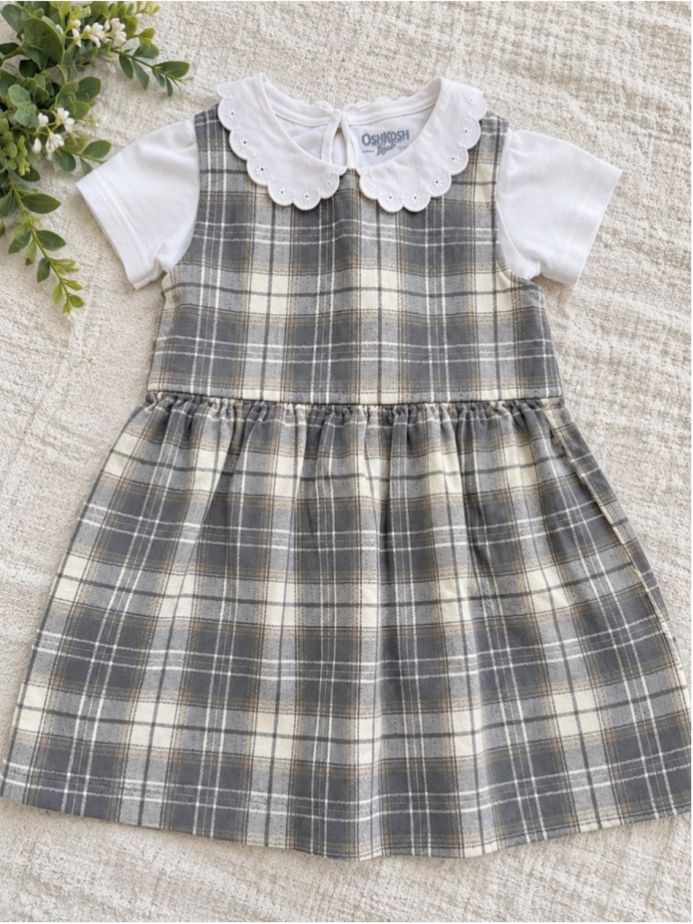 OshKosh Carters 3T Gray Plaid Jumper Dress Peter Pan Collar Top 2 Piece Outfit